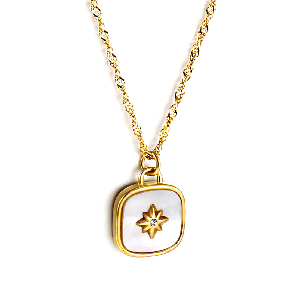 Square with white shell with lucky star with diamond pendant necklace 40+5cm 18K gold asonjewelry